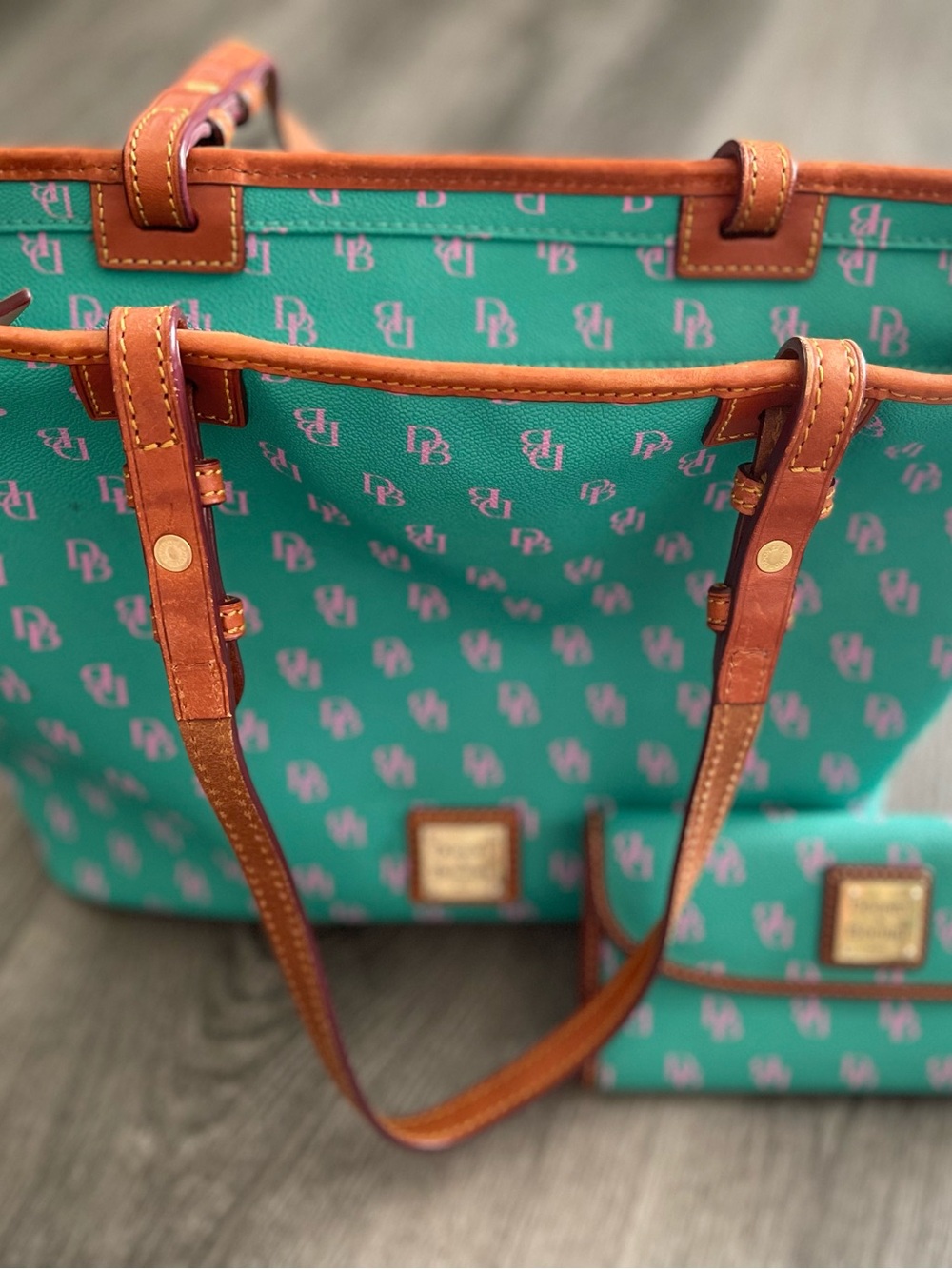 Dooney & Bourke Teal Tote with Pink and Brown Trim with matching wallet